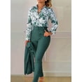 thumbnail image 4 of Conjunto De Dos Piezas Elegante, Blusa De Manga Larga Con Cuello En V Estampada Con Flores Y Pantalones Cónicos Con Cinturón Sólido, Ropa De Mujer, 4 of 4