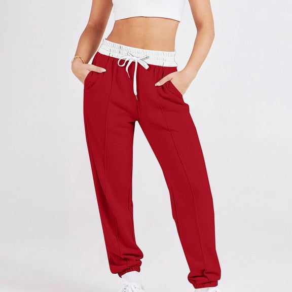 ctdiral Womens Fleece Sweatpants Casual High Waist Drawstring Straight Leg Tapered Pants Outdoor Active Joggers with Pockets Fall Workout Athletic Long Pants Trousers Red M