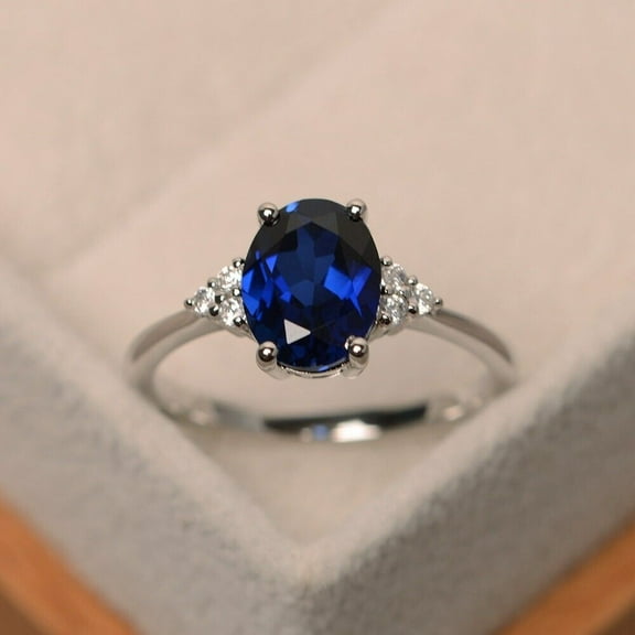 lab Created Blue Sapphire Engagement Ring 14K White Gold Plated 2.90Ct Oval Cut