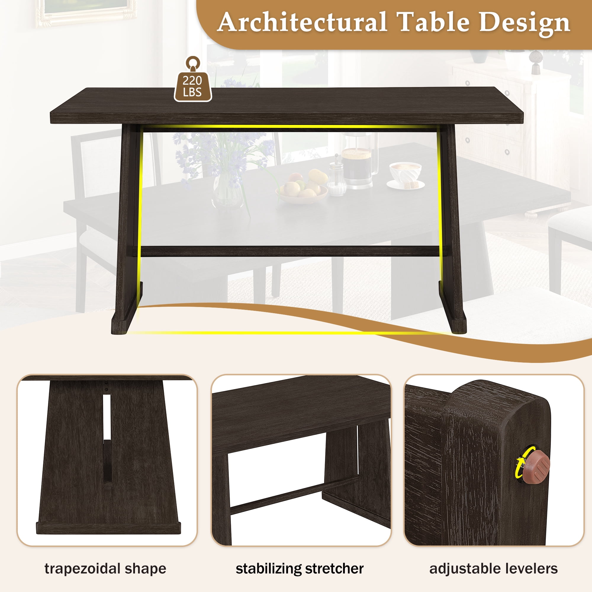 Euroco 6-Piece Farmhouse Dining Table Set for 6, 59.8" Rectangular Dining Table with 4 Upholstered Chairs & 1 Bench,Solid Wood Dining Furniture Set for Kitchen,Espresso