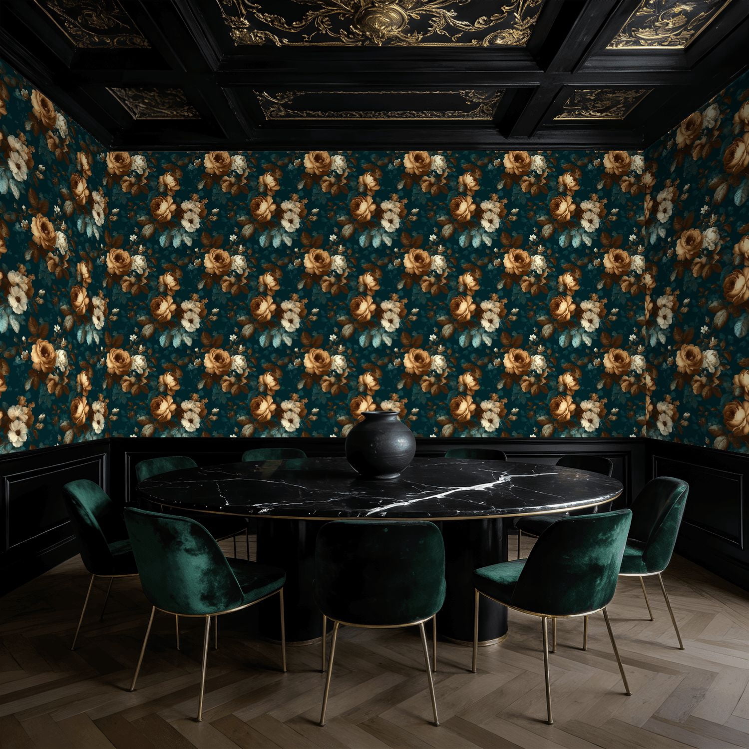Peel and Stick Wallpaper Floral Rose Vintage Botanical Flowers Dark Teal Wall Mural 23.6in x 9.8ft Self Adhesive Removable Wall Paper Renter Friendly Wallpaper for Nursery Bedroom Cabinets