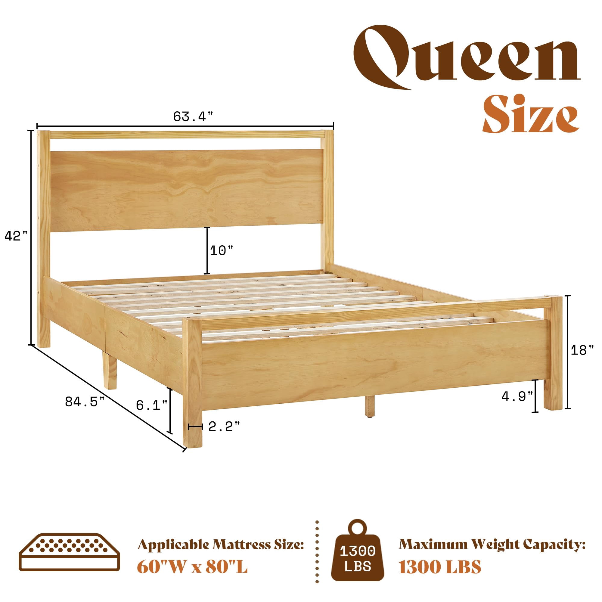 Papajet Queen Size Solid Wood Bed Frame with Headboard, Minimalist Platform Bed with Wood Slats Support, Easy Assembly, Noise-Free, Natural