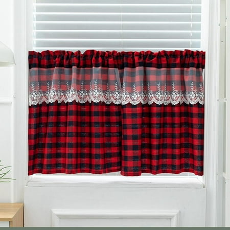 1 Panel Classic Grid Short Kitchen Curtain Kitchen Curtain Lace Christmas Plaid Drapes for Dinning Room Cafe Decor,51.2*16.1 in
