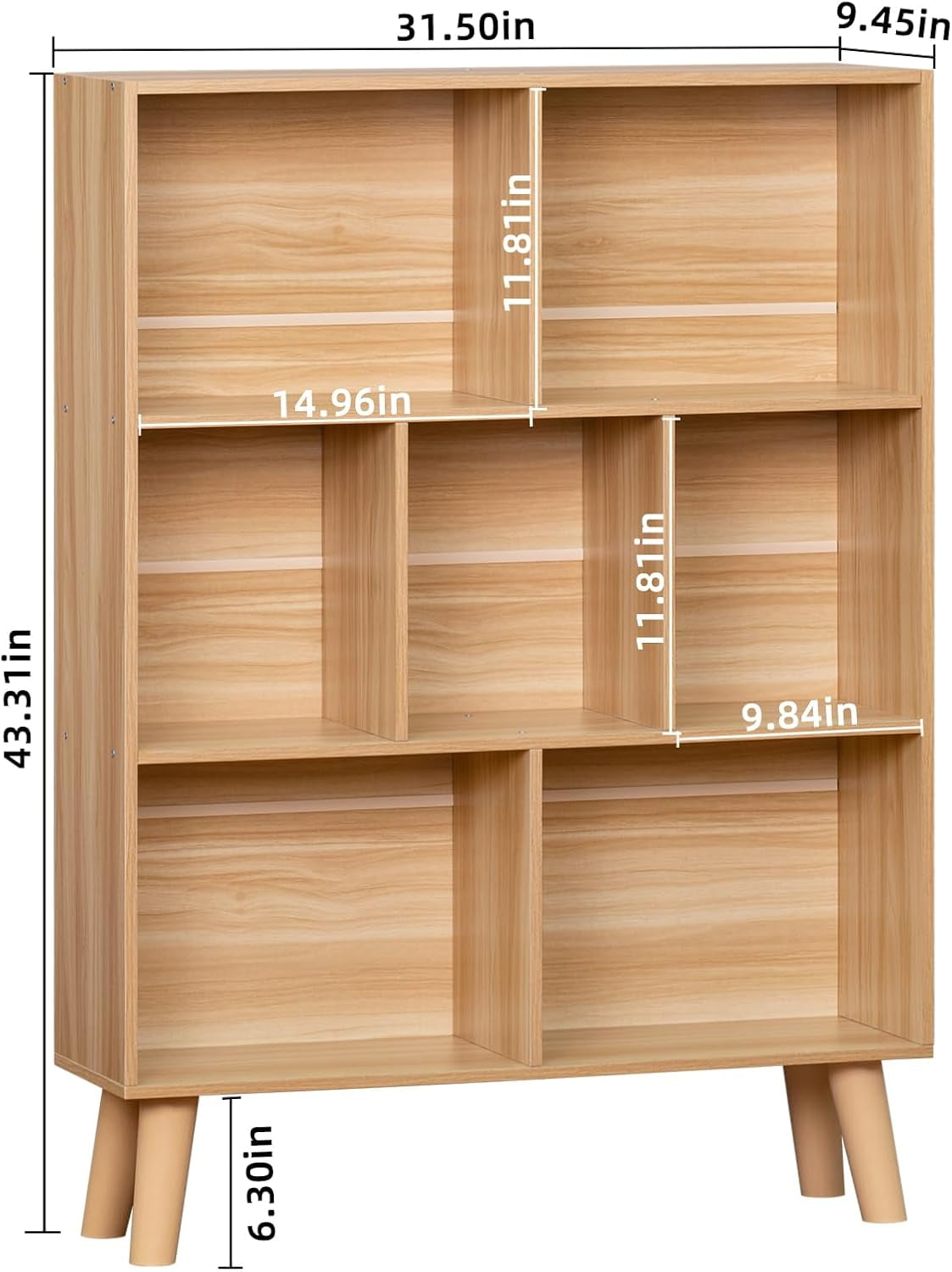 Cube Bookshelf 3 Tier Mid-Century Rustic  Modern Bookcase with Legs,Retro Wood Bookshelves Storage Organizer Shelf,Freestanding Open Book Shelves for Bedroom,Living Room,Office