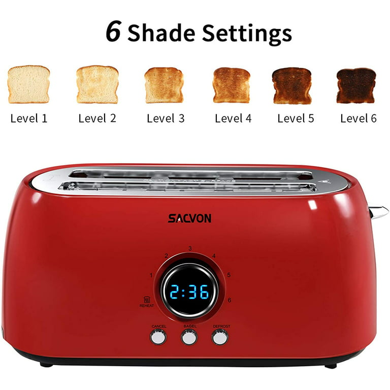 Toaster 4 Slice Long Slot, SACVON Stainless Steel Retro Toasters