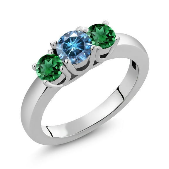 Gem Stone King 925 Sterling Silver 3-Stone Ring Round Persian Blue Moissanite and Nano Emerald Green (1.10 Cttw, Size 9)