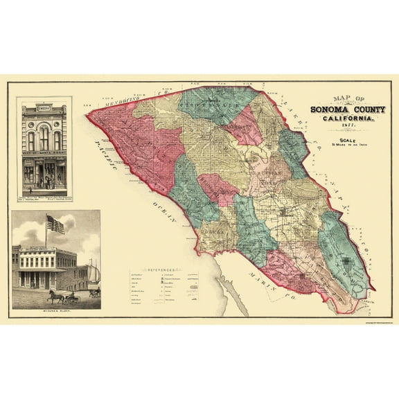 Historic County Map - Sonoma County California - Thompson 1877 - Vintage Wall Art