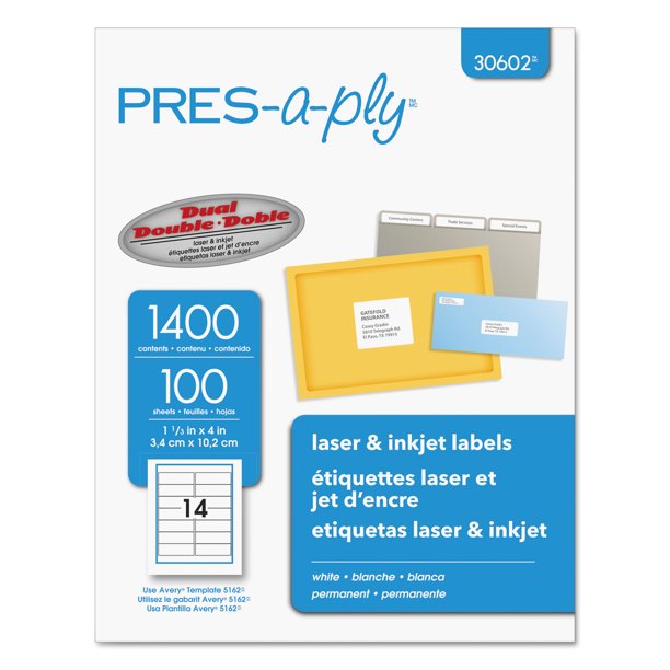 PRESaply Laser Address Labels, 1 1/3 x 4, White, 1400/Box Walmart