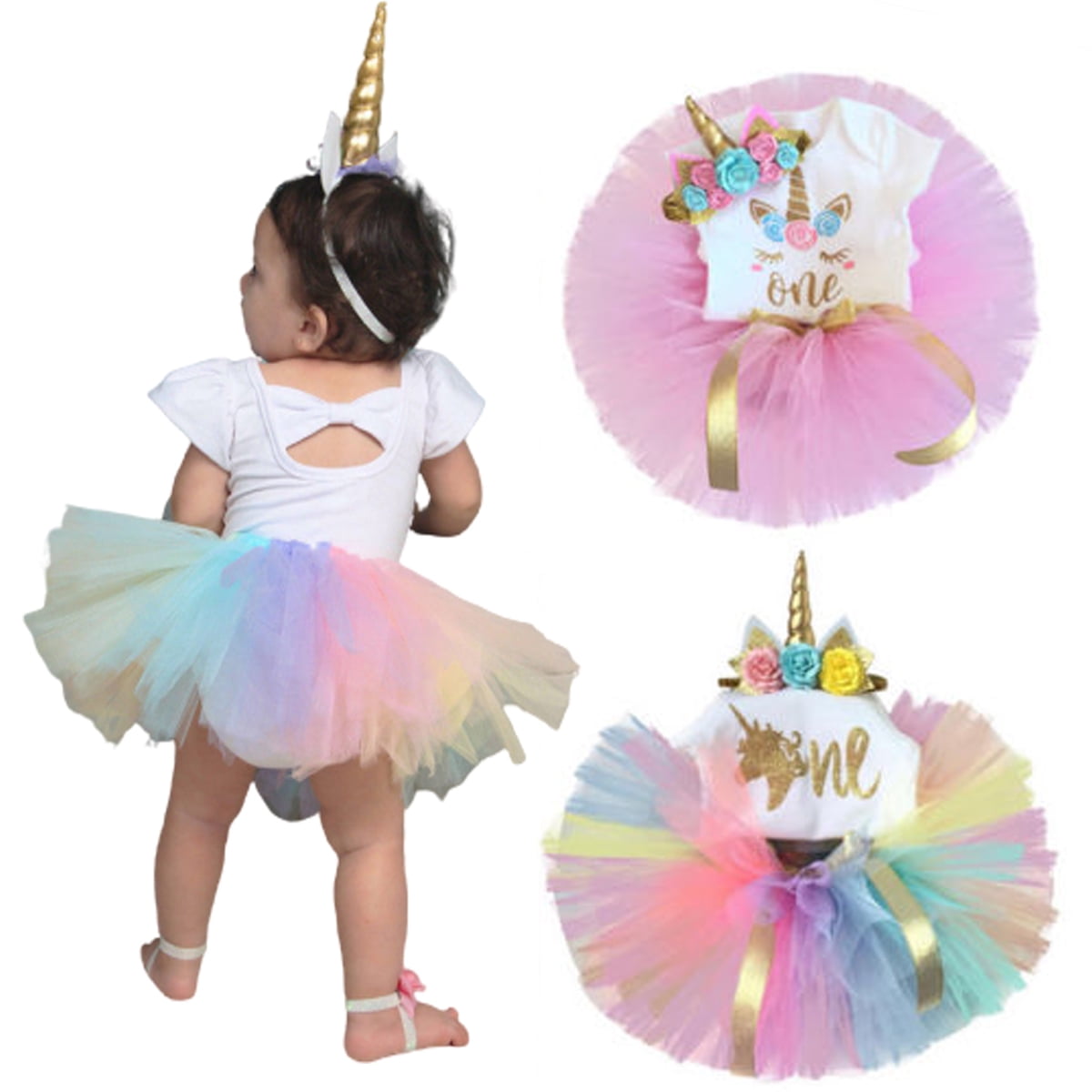 Unicorn Costume For Baby Girl 1st Birthday Party Romper Tutu 5PCS Outfit Clothes 