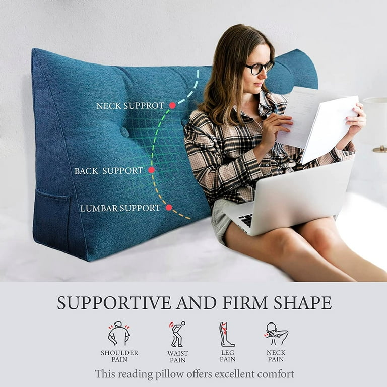 Rounuo Bed Wedge Pillow for Headboard, King Triangular Reading Pillow Linen  Large Bolster Backrest Support Upholstered Lumbar Cushion Blue 76x20