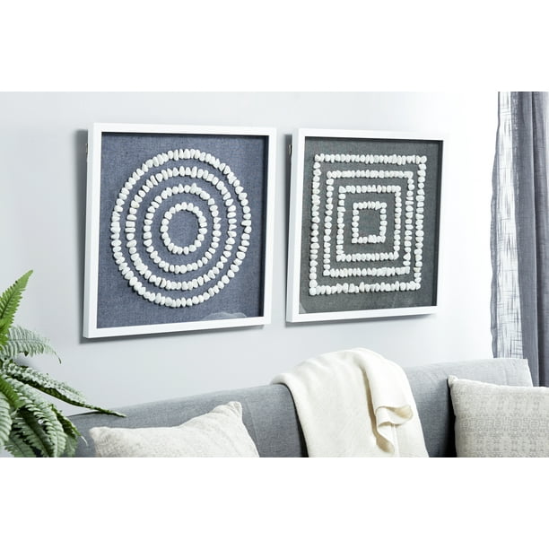 Decmode 20” Square Eclectic White Stone Shadow Boxes Abstract Wall Art