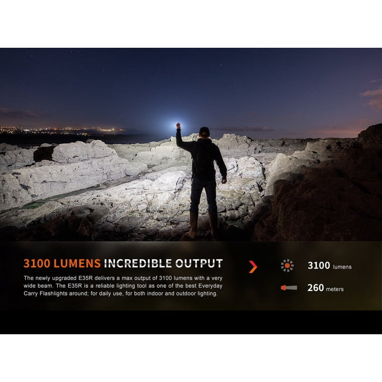 fenix flashlight e35r Dual Battery Bundle EDC Flashlight, 3100 Lumens USB-C Rechargeable High Lumen Performance with Extra ARB-L21-5000 and LumenTac Battery Case in rechargeability and improved performance are what make the Fenix E35R flashlight unique from its predecessor Customer experiences (4,8/5) Flashlight