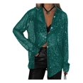 thumbnail image 2 of Women'S Sequins Long Sleeve Collared Shirt Button Down Open Front Shirt Loose Blouses Shirst Tops Dark Green S, 2 of 8