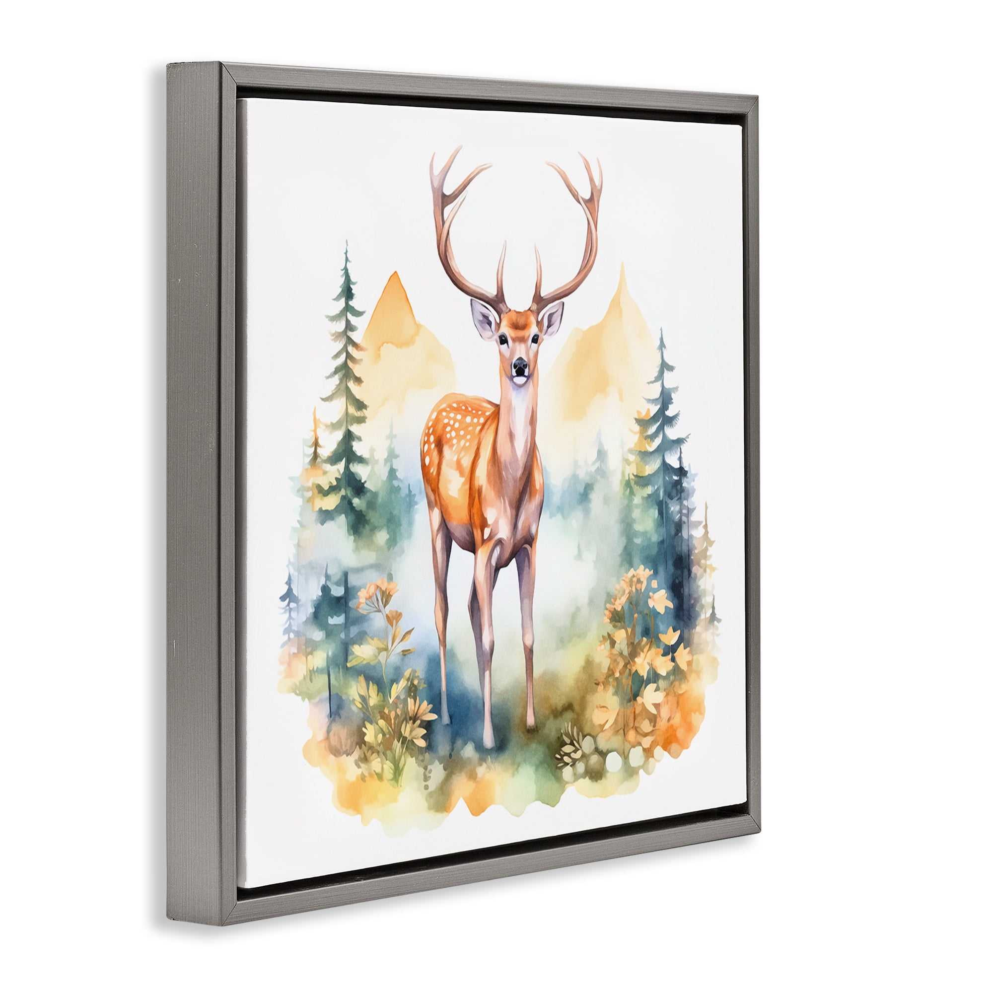Stupell Industries Wild Deer with Mountains Animals Painting Gray Floater Framed Canvas Art Print Wall Art, 18 x 18