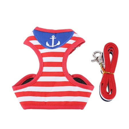 Dog Cat Harness with Leash Adjustable Outdoor Pet Harness Vest Jacket Red and White Navy Striped Sailor Anchor Style Best for