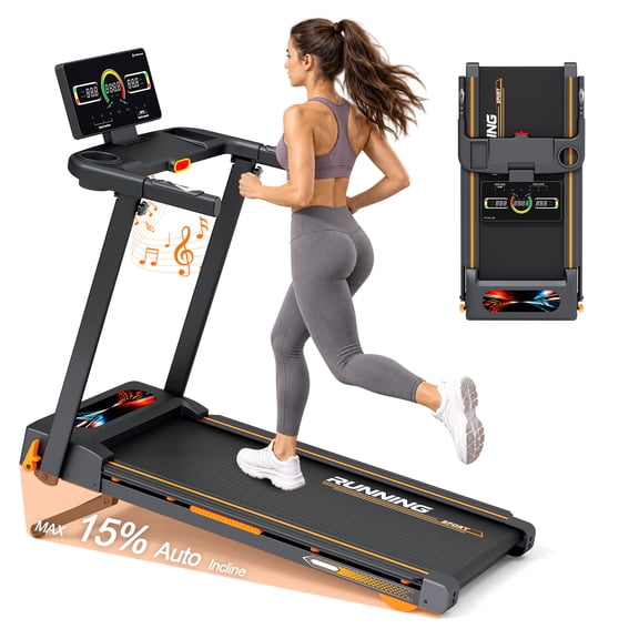 Foldable Treadmill with 15 Auto Incline Levels, Folding Treadmill with Touchscreen, App and Bluetooth Speaker, Water Cup and Storage Rack, 3.0HP Motor, 330 lbs Capacity for Home, Office, Apartment
