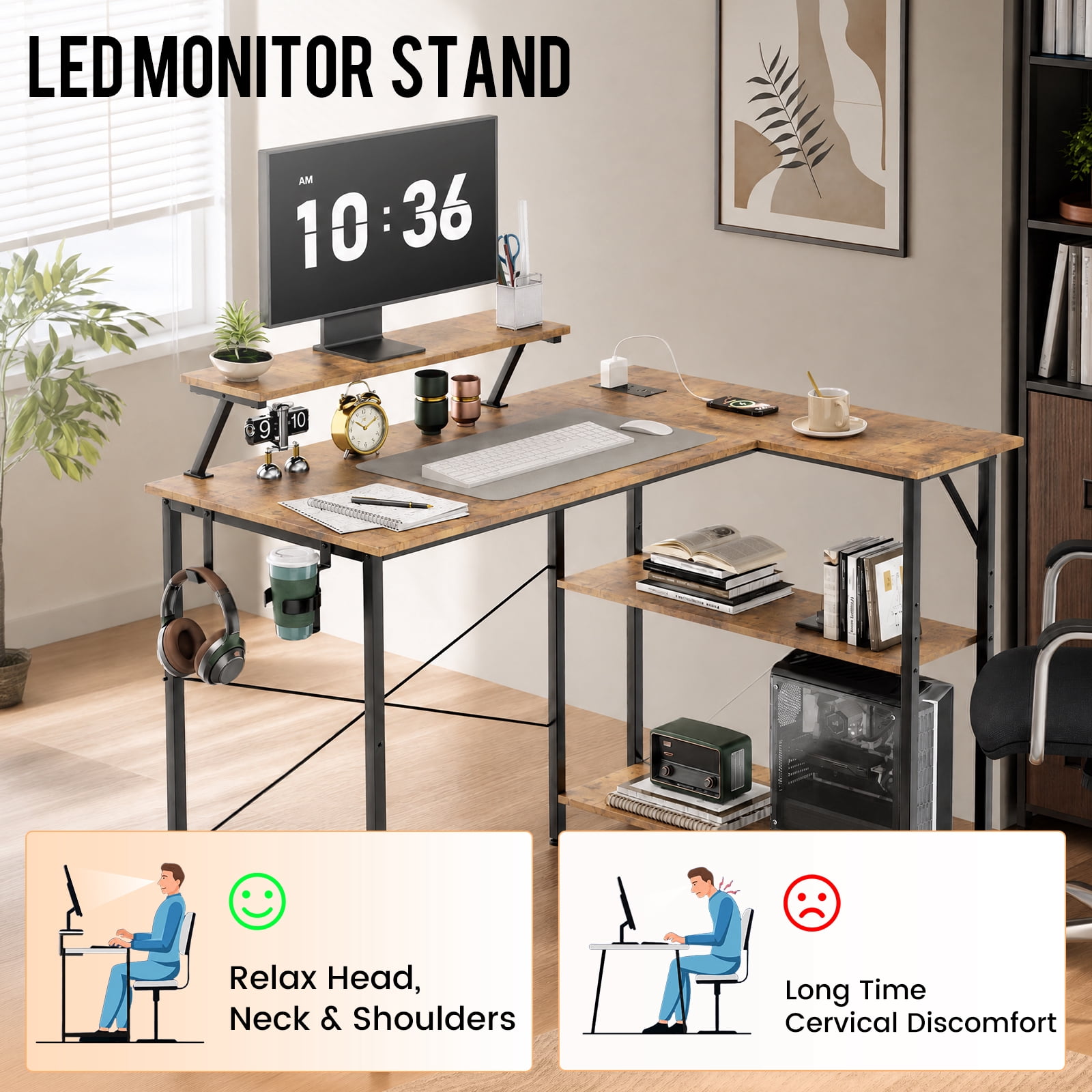 CLOUDREST PTO 42" L-Shaped Office Desk with Power Outlets & RGB LEDs, Brown