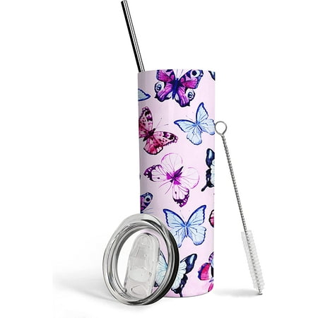

Butterfly Tumbler with Straw and Lid 20 oz Double Wall Stainless Steel Vacuum Insulated Coffee Wine Tea Travel Mug Gifts for Women Pink