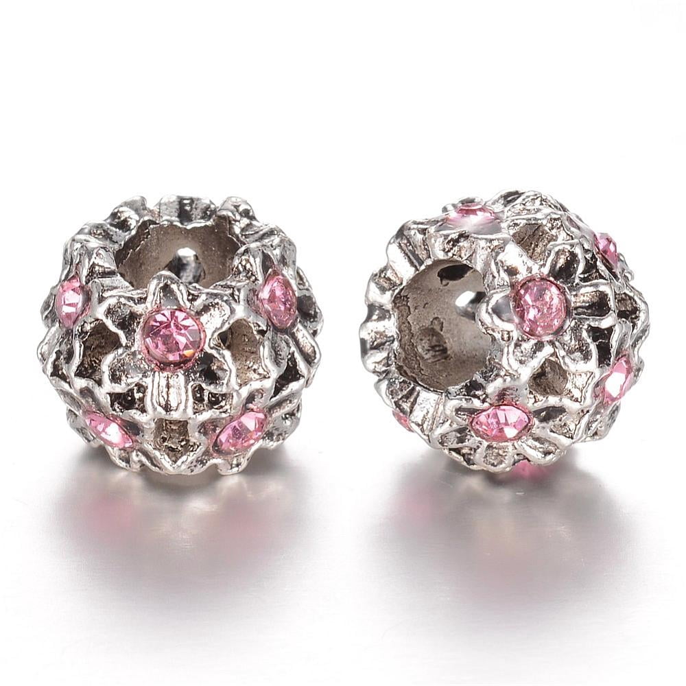 100pcs Alloy Glass Rhinestone European Beads Large Hole Beads Rondelle with Flower Antique Silver Mixed color 11x9mm Hole: 5mm
