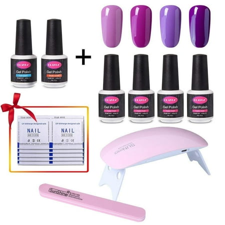 CLAVUZ Soak Off Gel Nail Polish Set C002,Pink Purple Color Collections Top and Base Coat SUNMINI LED Nail Lamp Nail File Remover Wrap New Starter Nail Art Tool