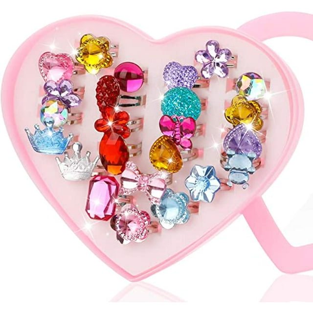 ZECAT 24 pcs Girls Crystal Adjustable Rings, Princess Jewelry Finger Rings with Heart Shape Box, Girl Pretend Play and Dress up Rings for Children Kids Little Girls - Random