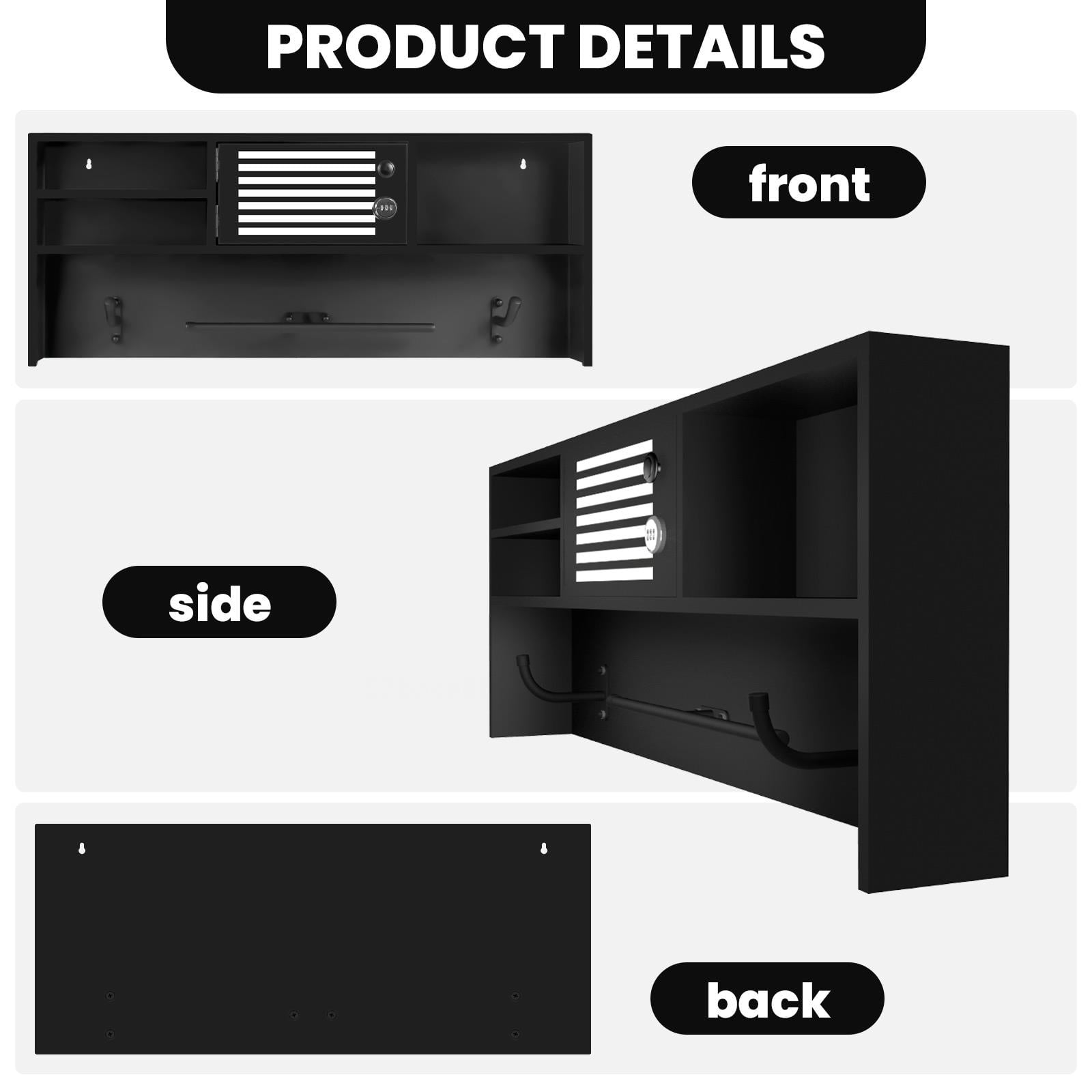 Wall Mounted Gun Safe, 35.5" Black Steel Security Cabinet with Combination Lock, Hidden Storage Rack for Home, Office, Gun Accessories