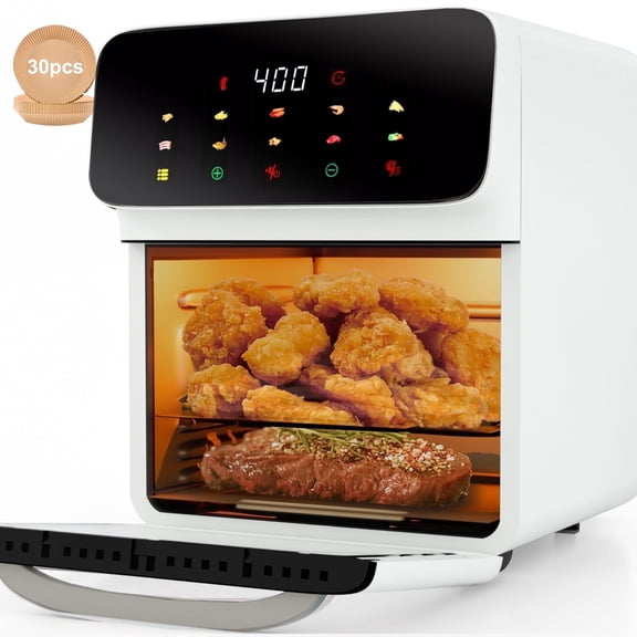 Bluebow Air Fryer 12QT Convection Oven with 10-in-1 Multi Function, Visible Window and Touchscreen, White