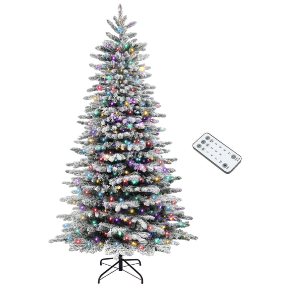 7.5ft Pre-Lit Artificial Christmas Tree with 500 Warm White LED Lights, Snow Flocked Pine, 1264 Branch Tips, Green Holiday Decor
