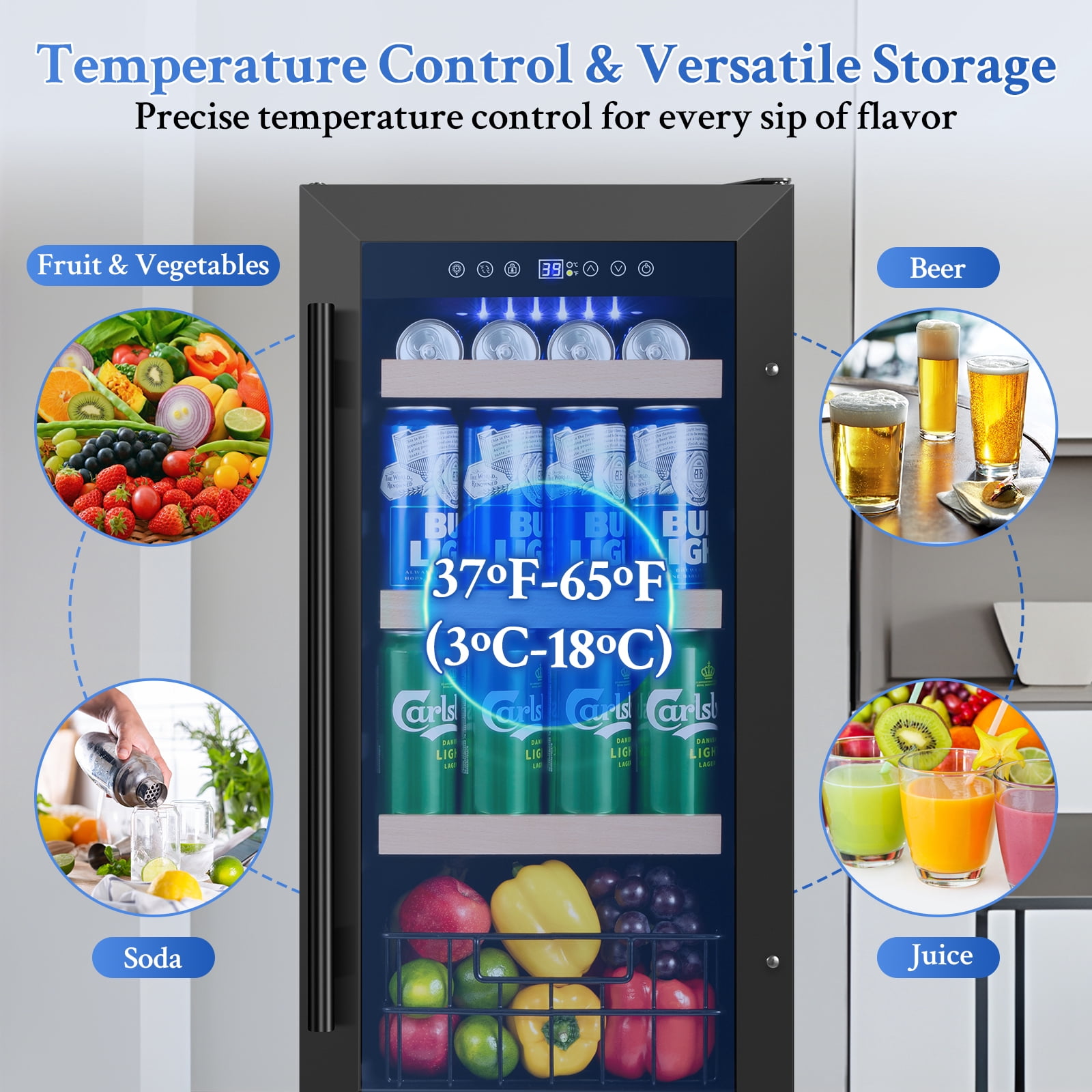 TITTLA Beverage Refrigerator with Glass Door,130 Cans 3.1 Cubic Feet Under Counter ,with Basket Design for Soda, Beer or Fruit,,Black