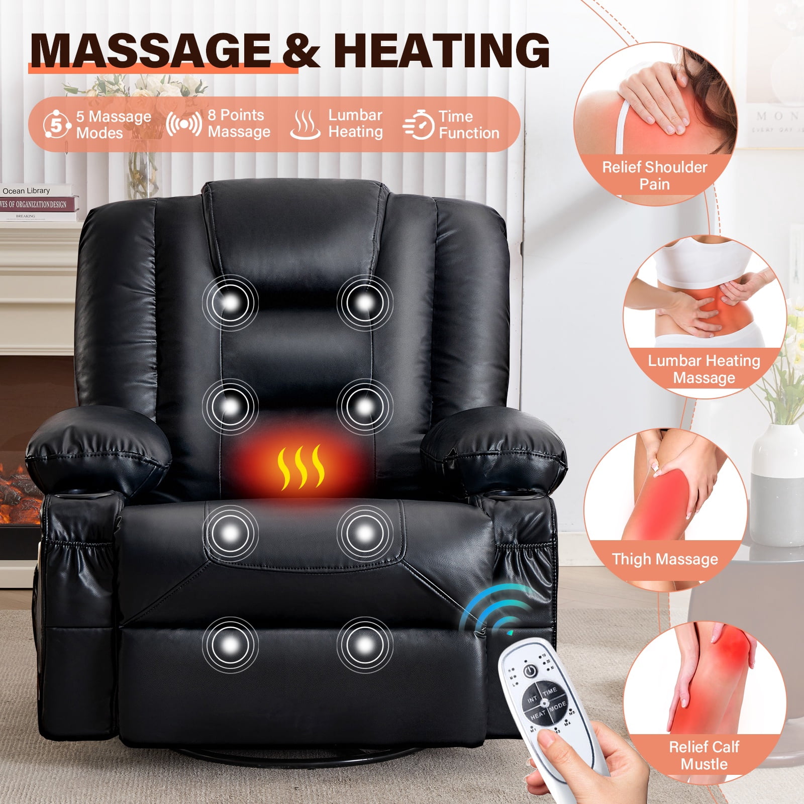 UHOMEPRO Swivel Recliner Chair for Adults, 360° Manual Swivel Rocker Recliner with Massage and Heat, 23 Inch Wide Seat, Overstuffed Armrests, Cup Holders, USB Charging Port and Storage Pockets, Black