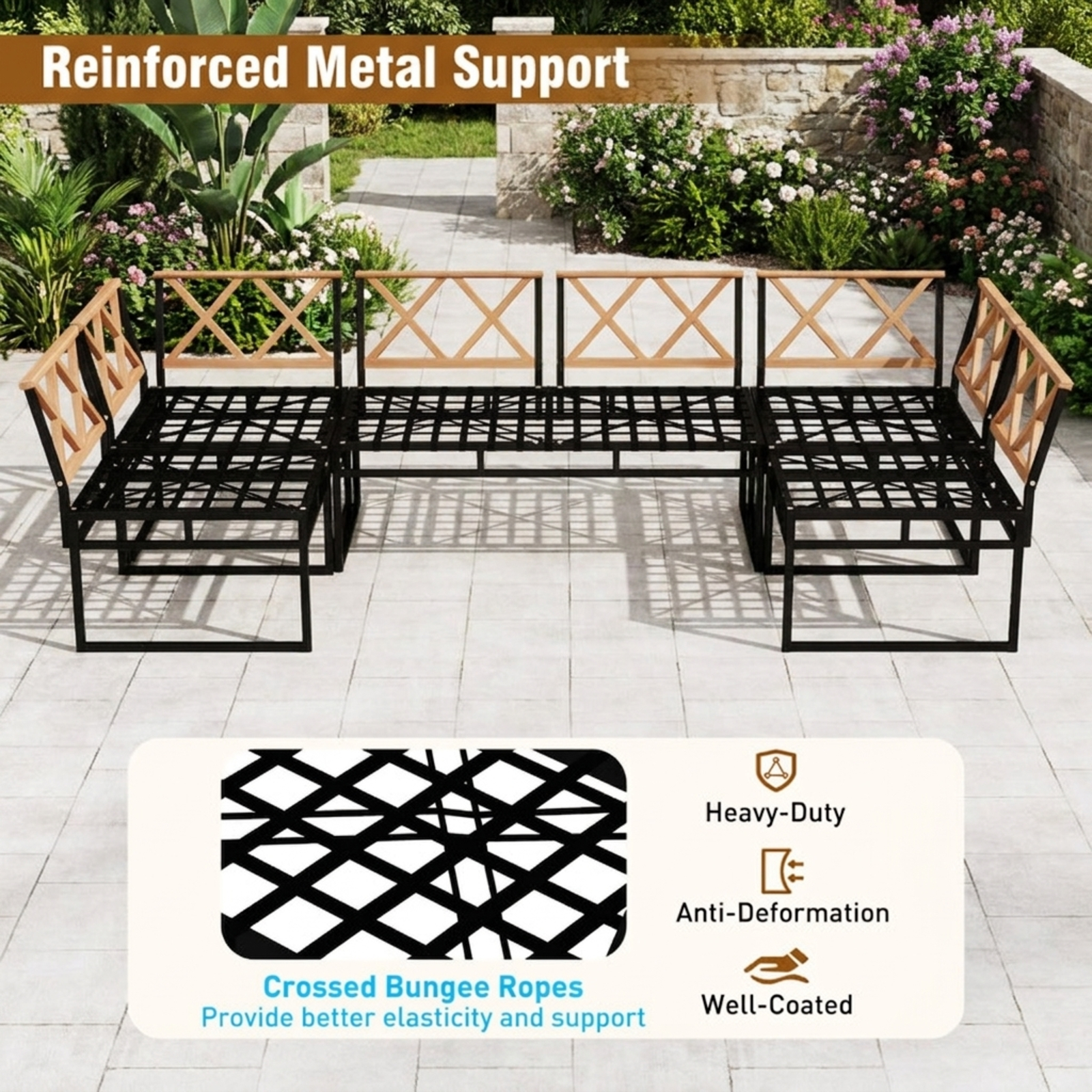 Furnibear 6 Piece Outdoor Sectional Sofa Set Metal Acacia Wood Patio Conversation Set with Cushions and Coffee Table for Backyard Garden, Beige