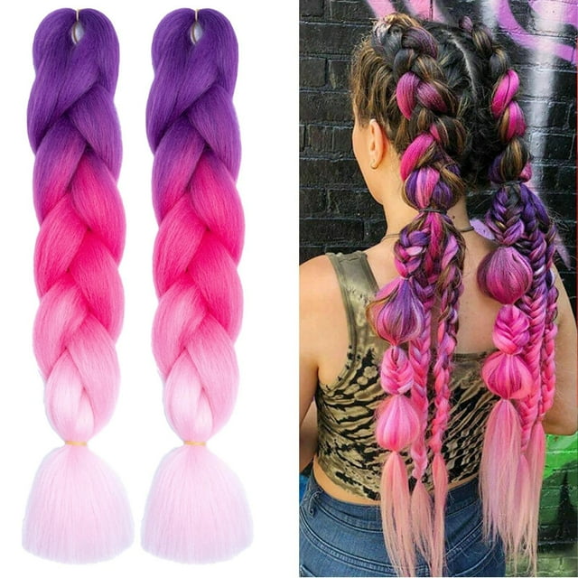 Extensiones de cabello trenzado de morado a rojo claro, peluca sintética de color trenzado, peluca con trenzas para mujeres y niñas, con pelo falso.