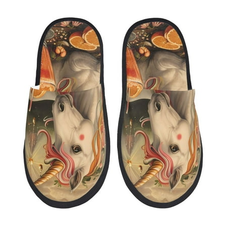 Balery Countryside Fruit White Horse Slient Indoor Furry Fleece Comfort House Shoes Soft Non-Slip Home Shoes Cotton slippers House Slippers-- Large