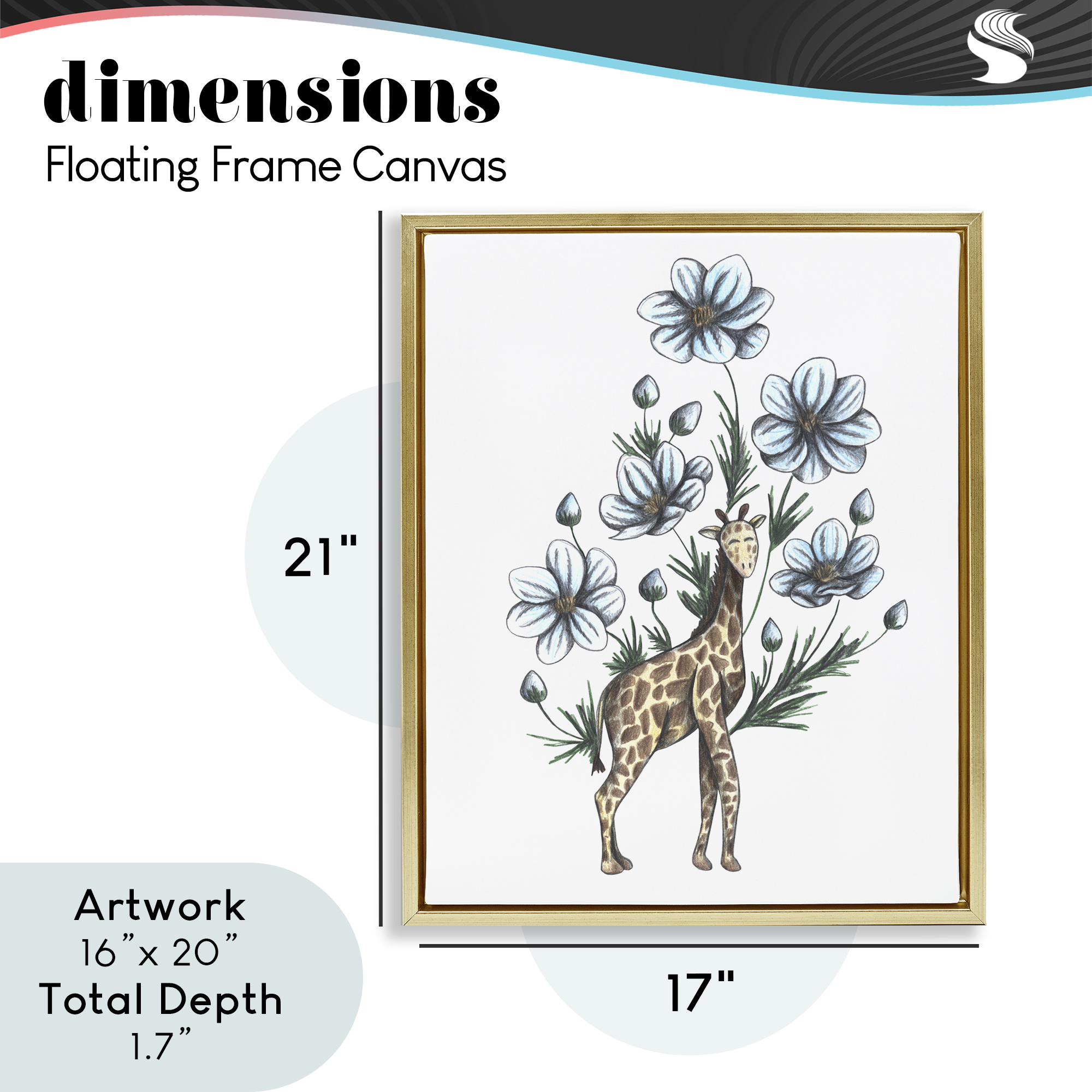 Giraffe with Flower Blossoms Gold Framed Floater Canvas Wall Art, design by Cecilia Battaini