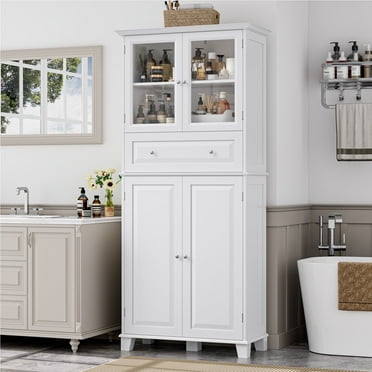Homfa 73.8’’H Bathroom Storage Cabinet, 5 Tiers Wood Linen Cabinet with Glass Door, White