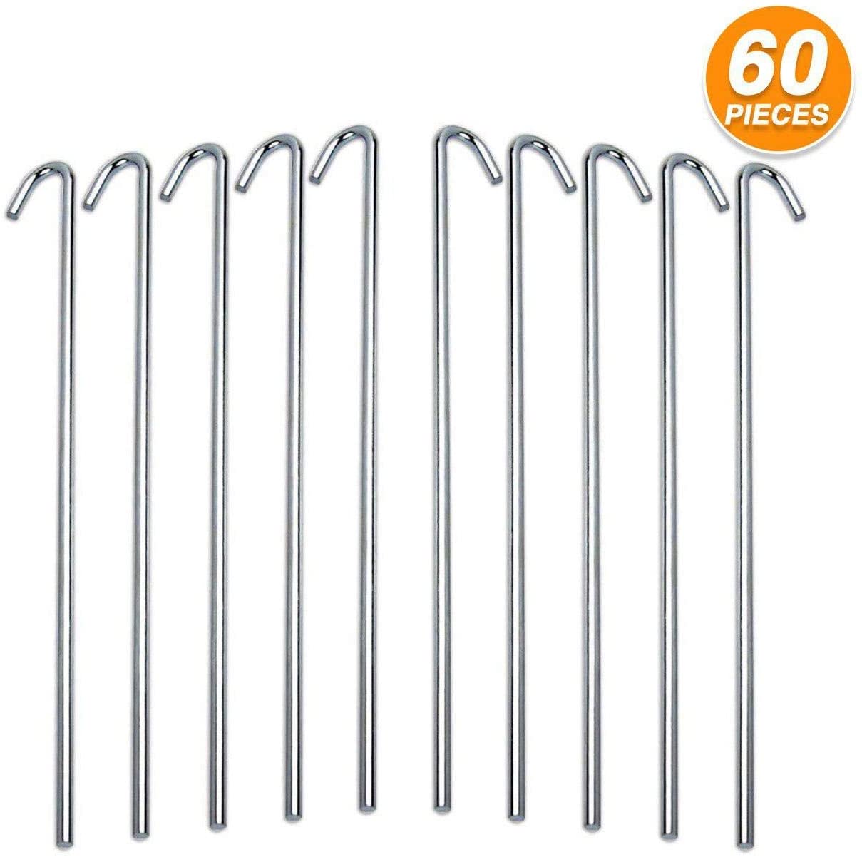 60 Pack Tent Stakes for Outdoor Camping Heavy Duty Metal, Galvanized Rust-Free Yard Stakes, 60 Garden Edging Fence Hooks, Garden Stakes for Gardening & Canopies, Tent Pegs - by Ram-Pro