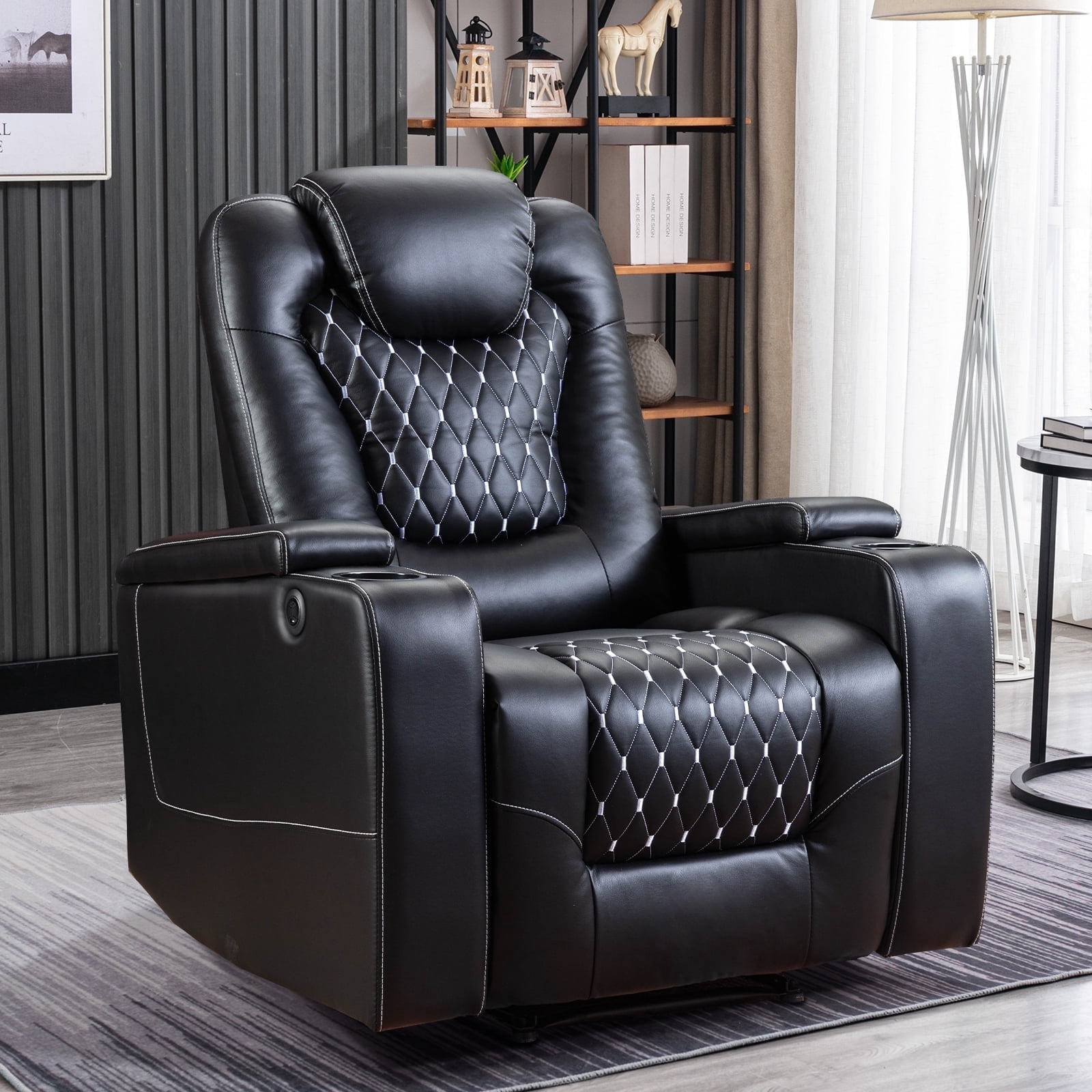 Bonzy Home Double Power Sofa Recliner, Home Theater Seating Living Room Chair, PU Leather Electric Seats - Black