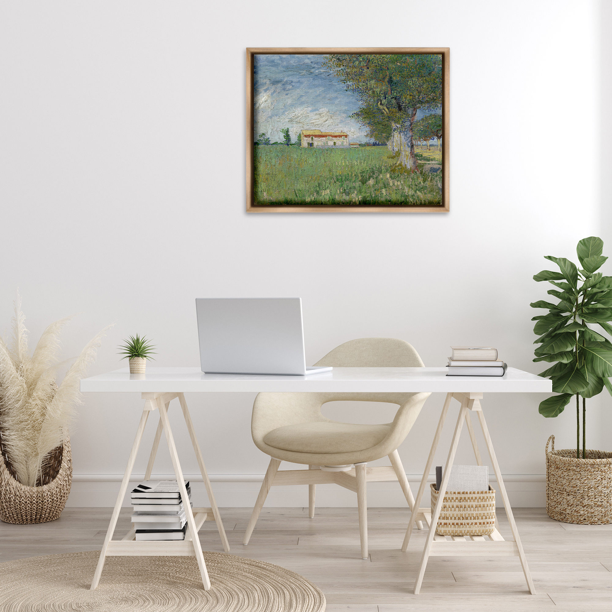 Stupell Industries Van Gogh Farmhouse in Corn Landscape & Nature Painting Brown Floater Framed Canvas Art Print Wall Art, 31 x 25