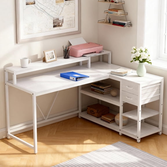 KIOOTTO 55" Arctic Alabaster Executive L-Series – Integrated Dual-Tier Productivity Hub with Panoramic Monitor Riser, Silent-Glide Dual Vaults, and 4-Zone Library Storage in Frost White