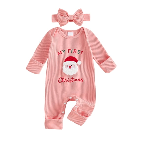 Vdoaml Baby Girl My First Christmas Romper Set Infant Embroidery Long Sleeve Jumpsuit with Matching Bow Headband 0-3 Months Pink