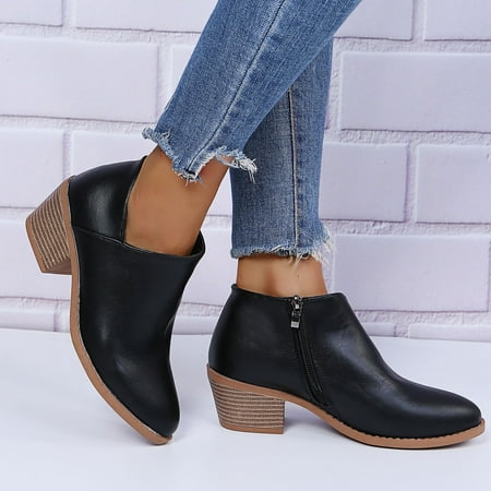 

Ankle Boots Color Shoes Short NonSlip Booties Women Solid Toe Heels Zipper Fashion High Round Women s Boots