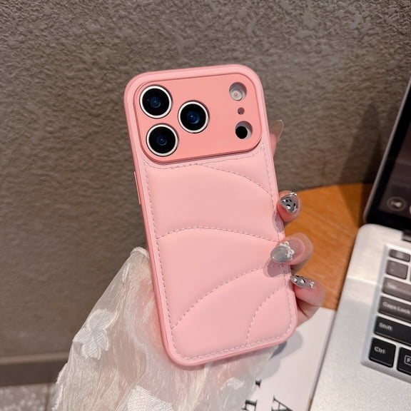 For iPhone 16 Pro Max Phone Case,Quilted PU Leather Back Design,Anti-Scratch Ultra Slim Shockproof Drop Protection,Anti-fall Non-Slip Soft TPU Bumper Durable Thin Fit Phone Case,Pink