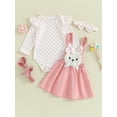 thumbnail image 2 of Bslissey Baby Girls Easter 3Pcs Outfits Long Sleeve Dots Print Romper + Bunny Embroidery Suspender Skirt + Headband 3M 6M 9M 12M 18M Infant Casual Cute Clothes Set, 2 of 9