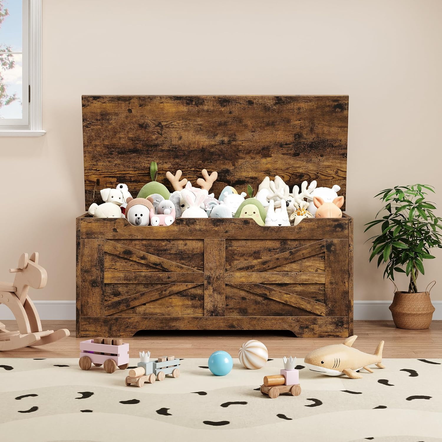 Storage Chest, 39.4" Toy Chest for Boys Girls, Kids Wood Large Toy Box, Storage Bench with Safety Hinge, Farmhouse Storage Trunk for Entryway, Living Room, Bedroom, Playroom, Retro