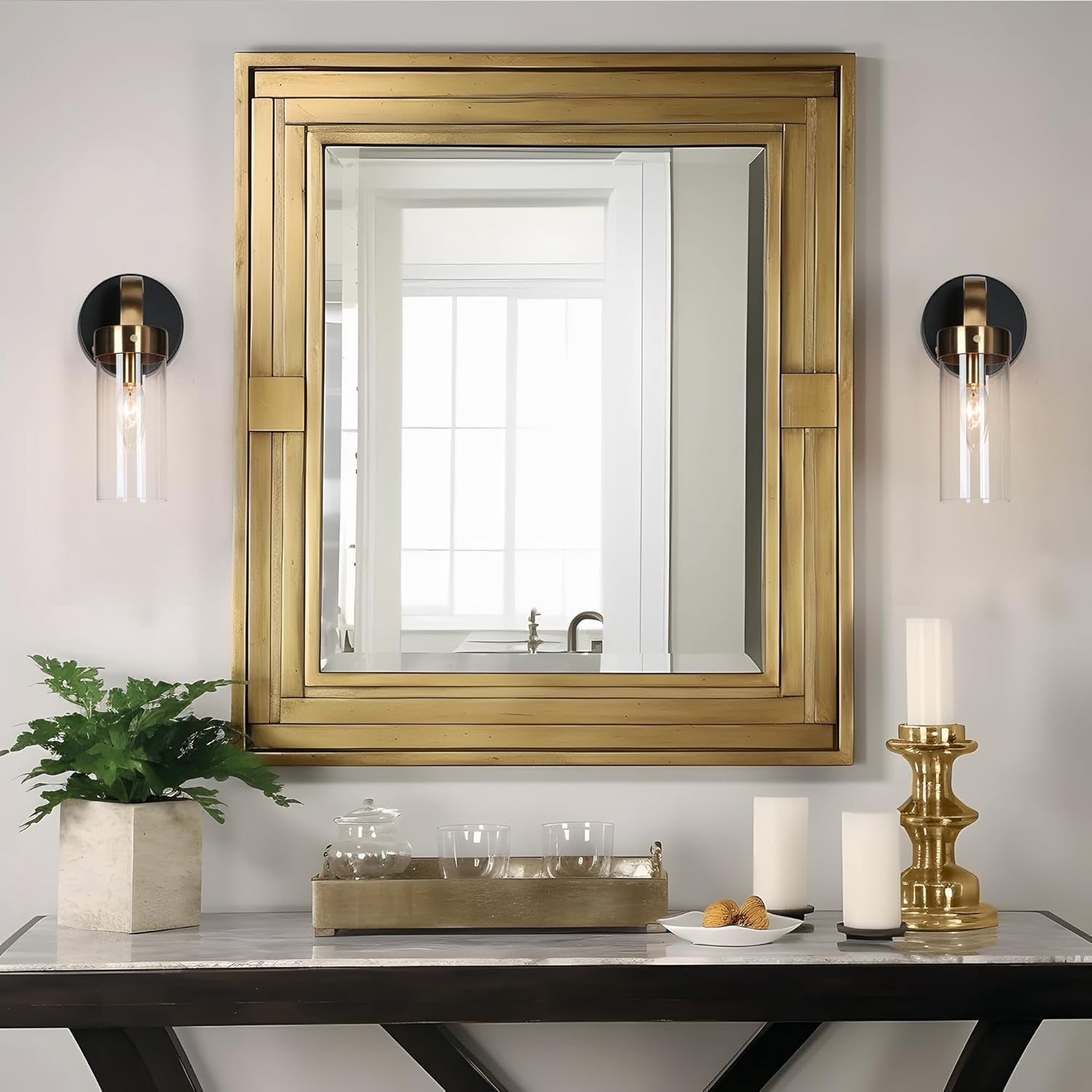 RGHJAR-Wall Sconces, Black and Gold Wall Lights for Bedroom, Modern Glass Bathroom Wall Lamps for Living Room, Hallway