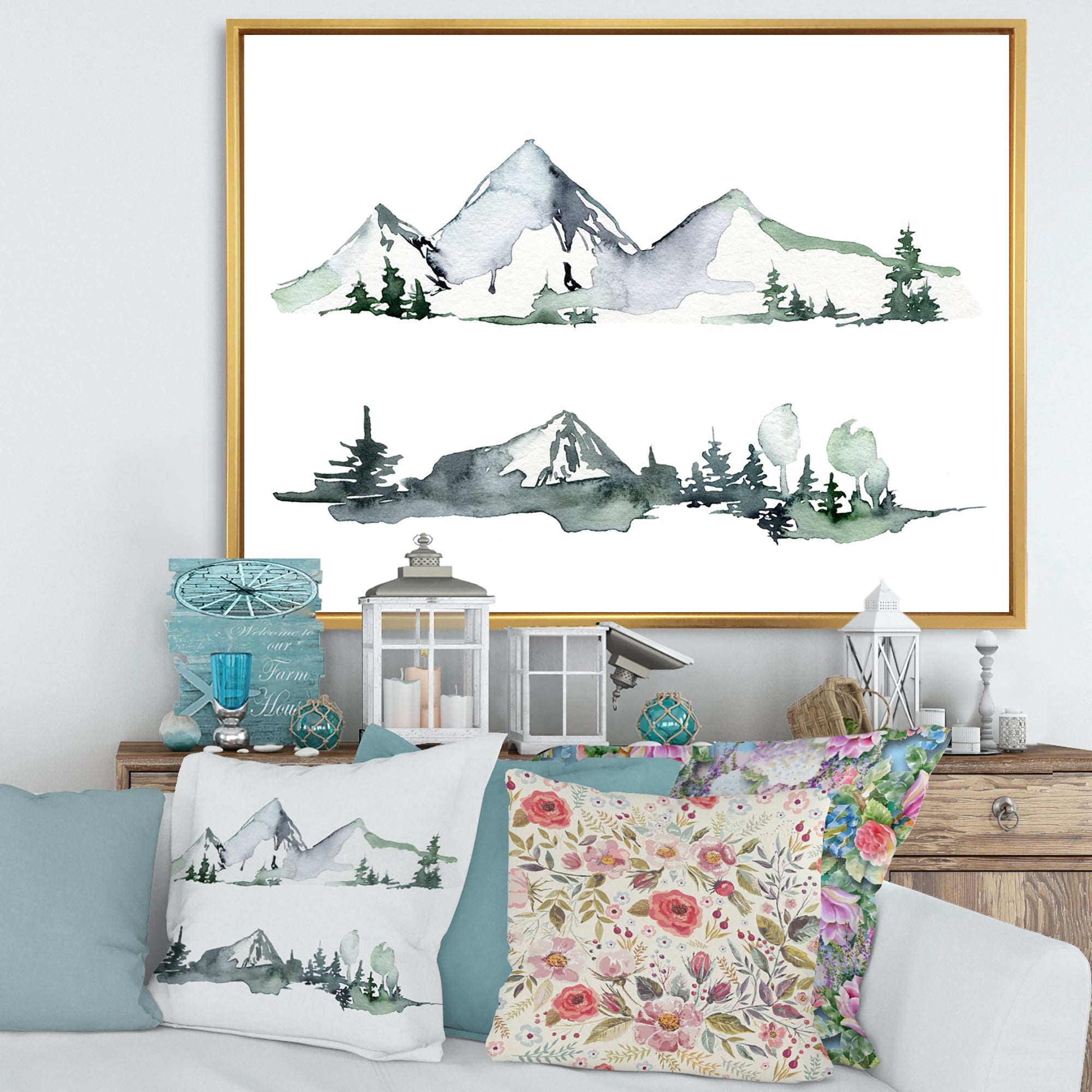 Designart 'Trees With Winter Dark Blue Mountain Landscape II' Modern Framed Canvas Wall Art Print
