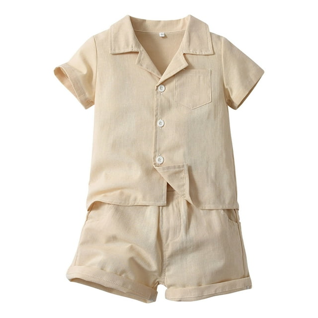 Hiiyo Ensemble d'Été pour Bébés Garçons Plage Uni Chemise à Manches Courtes Boutonnée et Short