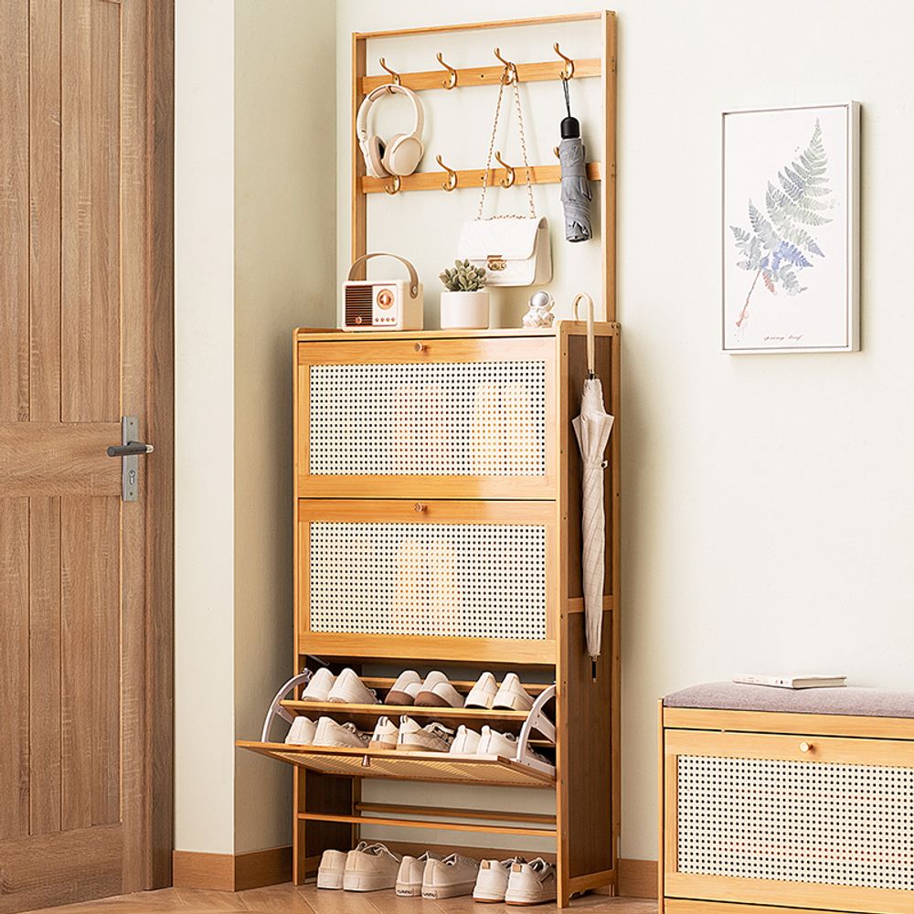 WGYPRIME Shoe Cabinet with 3 Rattan Flip Drawers, Farmhouse Style Bamboo Shoe Storage Cabinet with Coat Hooks, Freestanding Shoe Rack Organizer for Entryway, Hallway, Closet, Living Room