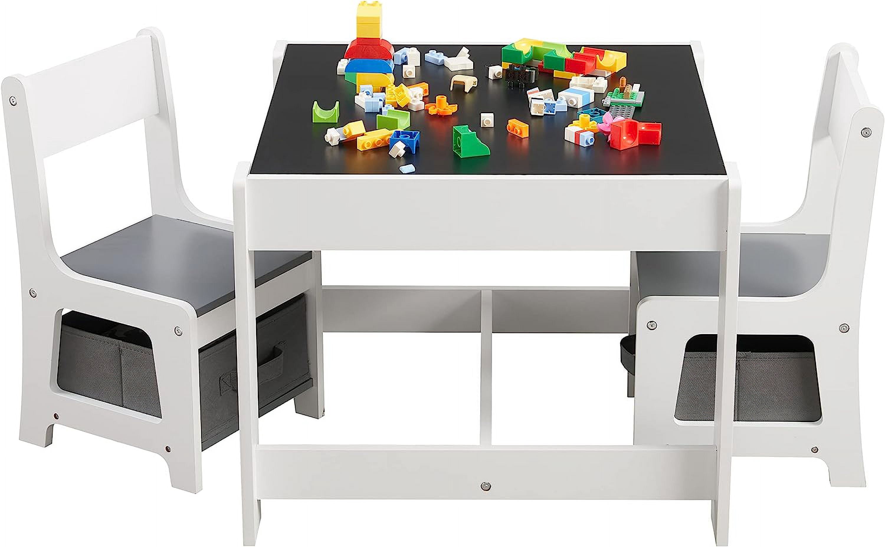 Kids Table and Chair Set, 3 in 1 Wooden Activity Table with Storage Drawer for Toddlers Drawing, Reading, Crafts, 2 in 1 Detachable Tabletop Table Set for Nursery, Playroom