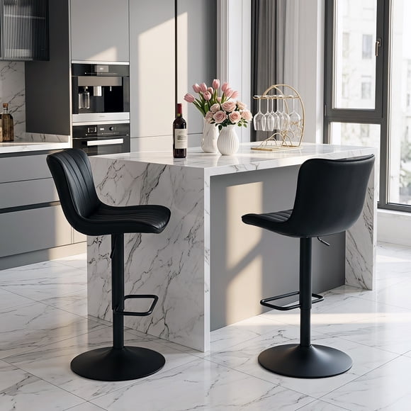 Set de 2 Bancos Cocina Alto, Giratorio con Reposapié y Respaldo, Color Negro